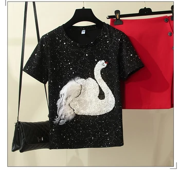 2020 Naujas Mados Vasaros Moterų Stereo Swan Blizgučiai Siuvinėjimas, marškinėliai Viršuje + Raudona Mygtukų Linija Sijonas Twinset Ponios Sijonas Rinkinys