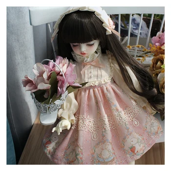 BJD Doll drabužius 1/6 1/4 lėlės suknelė rožinės spalvos suknelė + plaukų juostos 1/6 1/4 BJD doll priedai bjd suknelė su spausdinimo