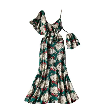 Vasaros Diržas V-kaklo, vieną petį stebėjimo gėlių šifono suknelė moteriška naujas trimitas rankovėmis maišelį klubo slidinėti suknelė, paplūdimio suknelės
