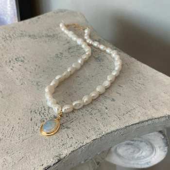 Besimpol Nekilnojamojo 925 Sterlingas Sidabro Gėlavandenių Perlų Choker Karoliai Moterų Elegantiškas Opal Pakabukas Karoliai Moterų Fine Jewelry