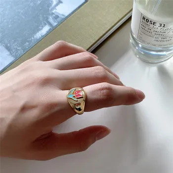 RUIYI Nekilnojamojo 925 Sterlingas Sidabro 18K Gold Europos Stiliaus Žiedai Moterų Gražus Tuščiaviduriai Lašas glazūra Drugelis Tulpių Ramunėlių Žiedai