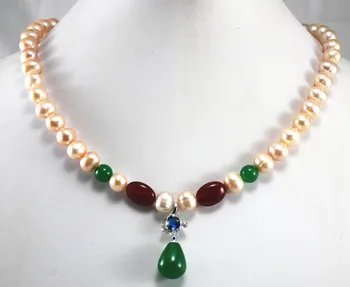 Didmeninė/mažmeninė 8mm pink pearl & red karoliai+green Jade kristalų pakabukas