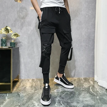 Vyrų Mados Kelnės darbo drabužių Streetwear Juodos Haremo Kelnės Juostelės Kišenės Hip-Hop Jogger Kelnės Laisvalaikio Kelnės Kelnės 2020 Naujas