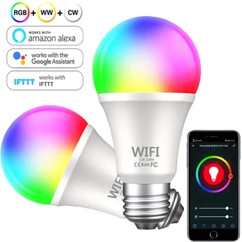 15W B22 E27 WiFi Smart LED Lemputės RGB Lempa, Alexa, Google, Namuose 85-265V RGB+Baltos spalvos ryškumas gali būti reguliuojamas Laikmatis, Funkcija Magic Lemputė greitas laivas