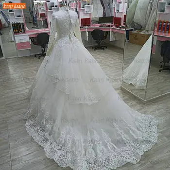Arabų Balta Vestuvinė Suknelė ilgomis Rankovėmis Tikrasis Vaizdai vestido novia 2021 Nėrinių Appliqus Nuotakos Suknelės Individualų Chalatas De Mariage
