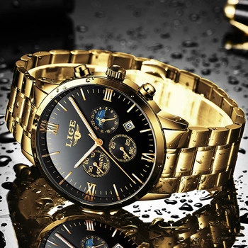 LIGE Mados Top Brand Prabanga Aukso Laikrodžiai vyriški Nerūdijančio Plieno, atsparus Vandeniui Kvarcinis Laikrodis Vyrų Karinės Žiūrėti Relogio Masculino