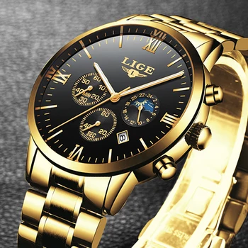 LIGE Mados Top Brand Prabanga Aukso Laikrodžiai vyriški Nerūdijančio Plieno, atsparus Vandeniui Kvarcinis Laikrodis Vyrų Karinės Žiūrėti Relogio Masculino