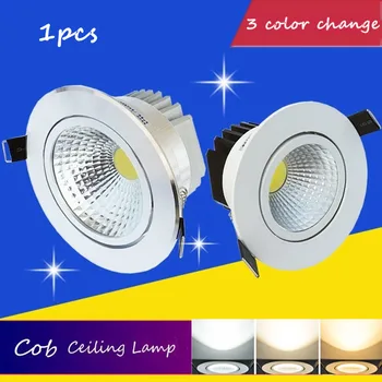 Trijų Spalvų Energijos Taupymo COB Downlight 3w 5w 7w AC85-265V LED Embedded Lubų Lemputės, Super Šviesus Vietoje Šviesos