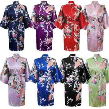 Šilko Satino Vestuvių Nuotaka Japonijos Tradicinių Povas Bridesmaid, Chalatas, Ponios Sleepwear Kimono Yukata Trumpą Suknelę Pižamą