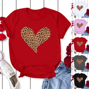 Širdies formos Moterų Valentino Dieną Atsitiktinis Leopard Širdies Spausdinti Slim trumpomis Rankovėmis T-shirt Viršų O Kaklo Laisvi Marškinėliai Camisetas