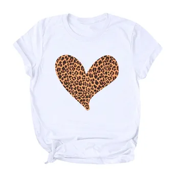 Širdies formos Moterų Valentino Dieną Atsitiktinis Leopard Širdies Spausdinti Slim trumpomis Rankovėmis T-shirt Viršų O Kaklo Laisvi Marškinėliai Camisetas