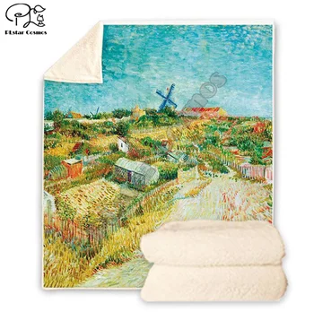 Plstar Kosmosas Van Gogh Aliejaus Tapybai linksmu charakteriu Antklodė 3D spausdinimo Sherpa Antklodę ant Lovos Namų Tekstilės Sapnų stiliumi-1