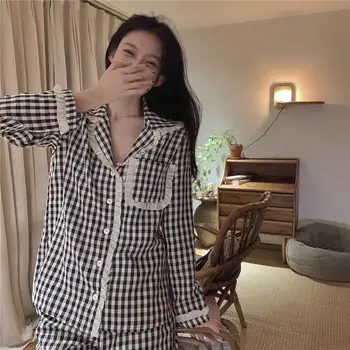 Pajama Komplektai Moterų Pledas Ilgomis Rankovėmis Pasukite Žemyn Apykaklės Prarasti Atsitiktinis Minkštas Kvėpuojantis Korėjos Stiliaus Sleepwear Paprastas Saldus Studentams