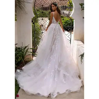 2019 Ilgai Boho-Line Backless Vestuvių Suknelė 3D Gėlės Spagečiai Dirželiai Nuotakos Suknelės Princesė Grindų Ilgis Vestuvių Suknelės