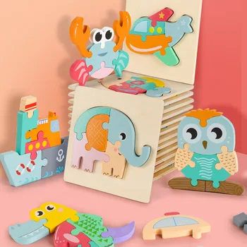 Montessori Medinių Vaikų Žaislai Berniukų ir Mergaičių Animacinių Gyvūnų Eismo Medinės 3D Puzzle Valdybos Kūdikių Ankstyvojo Ugdymo Pjūklelis