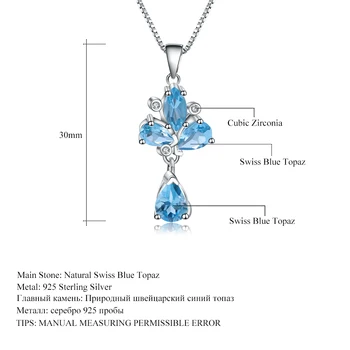 GEM BALETO 3.34 Ct Gamtos Šveicarijos Mėlynas Topazas 925 Sterlingas Sidabro Pakabukas Gėlė Karoliai Moterų Vestuvių Fine Jewelry