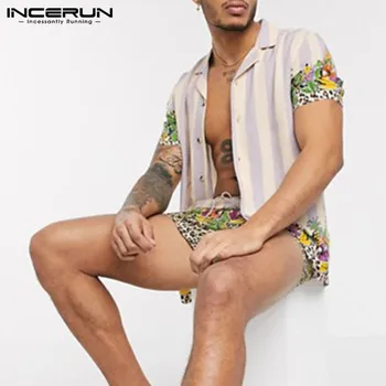 INCERUN Vyrų Havajų Rinkiniai Spausdinimo Paplūdimio Vasaros trumpomis Rankovėmis Atvartas Marškinėliai & Šortai 2 vnt Atostogų Streetwear vyriški Kostiumai 2021