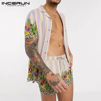 INCERUN Vyrų Havajų Rinkiniai Spausdinimo Paplūdimio Vasaros trumpomis Rankovėmis Atvartas Marškinėliai & Šortai 2 vnt Atostogų Streetwear vyriški Kostiumai 2021