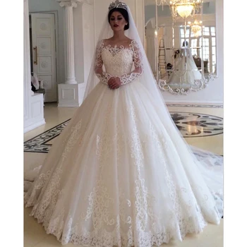 Saudo Arabija Elegantiškas Kamuolys Suknelė Princesė Vestuvių Suknelė Ilgomis Rankovėmis Nėrinių Aplikacijos Tiulio Vestuvių Suknelės 2021 Vestido De Noiva