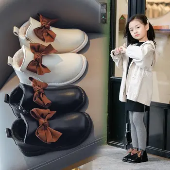Merginos Ankel Boots 2020 Korėjos Žiemą Vaikai Jautė, Šiltas, Elegantiškas Princesė Pliušinis Bowtie Equestrians Pu Batai Batai Mergina Vaikų Batų