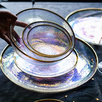 Kinglang Akinti spalva nudažyti aukso stiklo dubenėlį patiekalas septynių spalvų, skaidrios plaktukas grūdų stiklo plokštė salotų dubenį vaisių dubuo wester