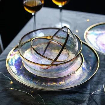Kinglang Akinti spalva nudažyti aukso stiklo dubenėlį patiekalas septynių spalvų, skaidrios plaktukas grūdų stiklo plokštė salotų dubenį vaisių dubuo wester