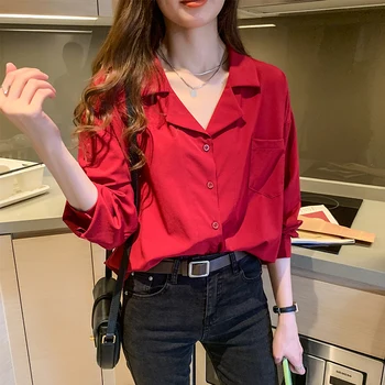 Raudono Šifono Honkongo Stiliaus Office Lady Marškinėliai Moterims Rudenį ilgomis Rankovėmis Marškinėliai 2021 Profesinės Kostiumas Apykaklės OLIS Laisvi Marškinėliai 10692