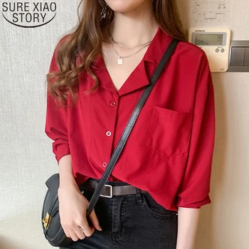 Raudono Šifono Honkongo Stiliaus Office Lady Marškinėliai Moterims Rudenį ilgomis Rankovėmis Marškinėliai 2021 Profesinės Kostiumas Apykaklės OLIS Laisvi Marškinėliai 10692