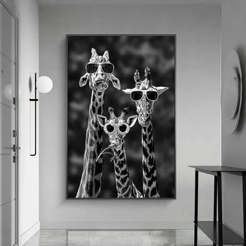 Juokinga Meno Žirafos su Akiniais Plakatai Ir grafika Juoda Ir Balta Gyvūnų Drobė Paveikslų ant Sienos Menas Nuotraukas Cuadros
