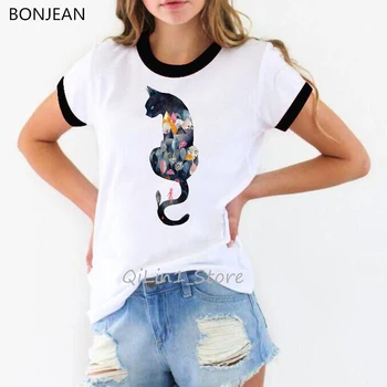 Gėlės kačių šeimos juodas fat cat print t-shirt moterims, drabužiai 2020 metų vasaros haut femme gyvūnų spausdinti streetwear camisas mujer tees