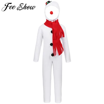 Unisex Vaikams Kalėdų Senį Fancy Dress Kostiumai, Balta ilgomis Rankovėmis Jumpsuit su Skrybėlę Raudonos Nosies Šalikas Berniukų, Mergaičių Roleplay Komplektai