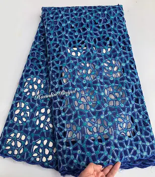 5 metrų Mėlyna handcut organza nėriniai su blizgančiais Afrikos siuvinėjimo įkvėpė audinio su didelėmis skylėmis Nigerijos, Ganos proginiai drabužiai