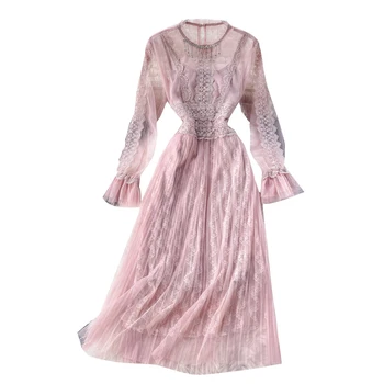 Nauja Siunta Moterų Nėrinių Suknelė Retro Stiliaus Susiuvimo Ilgomis Rankovėmis Elegantiškas Midi Suknelė Aukštos Kokybės Šalis Suknelė Vestidos