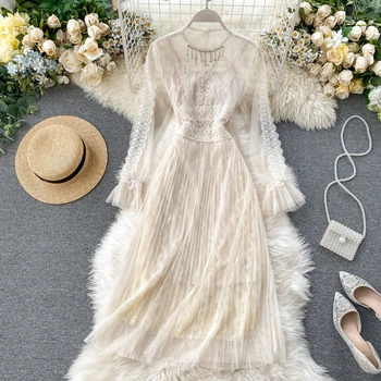 Nauja Siunta Moterų Nėrinių Suknelė Retro Stiliaus Susiuvimo Ilgomis Rankovėmis Elegantiškas Midi Suknelė Aukštos Kokybės Šalis Suknelė Vestidos