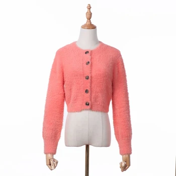 Rudenį moheros megztinis korėjos pasėlių megztinis megztas apkarpytos open cardigan megztiniai mygtuką džemperis rožinis vintage megztinis moterims