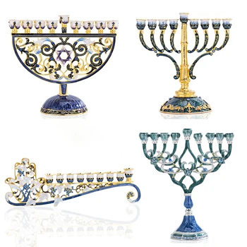 4 Stilius Rankomis Dažyti Emalio Gėlių Hanukkah Menorah Žvakidė 9 Filialo Šviestuvai Papuoštas Kristalais Namų Dekoro