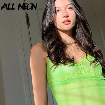 ALLNeon E-girl Stilius Kryžiaus Nėrinių Apdaila Akių Camis Viršuje Saldus Y2K Vasaros Spageti Dirželis Backless Žaliųjų Partijos Viršūnės Streetwear 90s