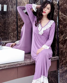 Moteris Pavasarį Ir Rudenį Modell Lace V-Neck Elegantiškas Princesė Medvilnės Sleepwear Suknelė Suknelė Lounge Intymus Apatinis Trikotažas Atsitiktinis Homewear