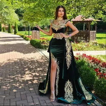 Emerald Green Velvet Vakarą Abaja Suknelė Ilgai Undinė Moterų, su Nuimamu Traukinio Split Luxury Kaftan Musulmonų Prom Šalis Suknelė