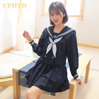 Naujas Moterys Mokyklos Vienodos COS Japonų Anime Sailor Uniformos Tamsiai Mėlynos spalvos Marškinėliai Klostuotas Sijonas Nustato Mokyklos Mergaičių Veiklos Suknelė