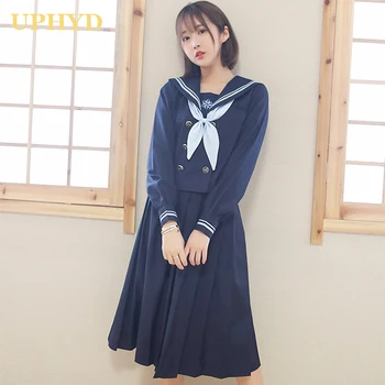 Naujas Moterys Mokyklos Vienodos COS Japonų Anime Sailor Uniformos Tamsiai Mėlynos spalvos Marškinėliai Klostuotas Sijonas Nustato Mokyklos Mergaičių Veiklos Suknelė