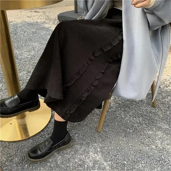 Derliaus Velvetas High Waisted Sijonas Moterims, Žiemą Šiltas Juodas Ilgas Sijonas 2020 Korėjos Harajuku Stilius Plius Dydis Pynimas Klostuotas Sijonas