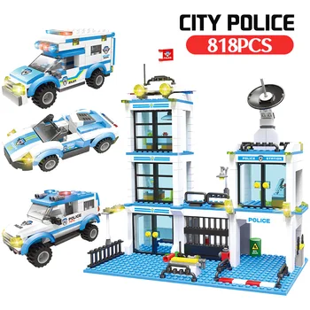 Įrangos Pardavimas, Biuro Įrangos Blokai City Mobili Policija Centras Stotis Sunkvežimių + Sraigtasparnis Su Skaičiais Apšviesti Plytas, Vaikams, Žaislai