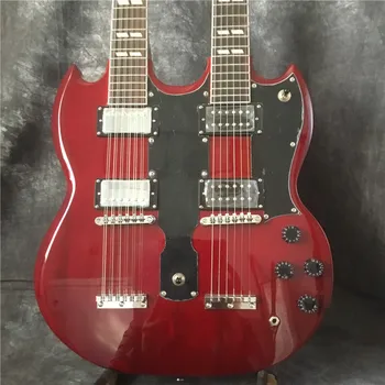 Aukštos kokybės dviejų-galvos elektrinė gitara, vyno raudona, 12 stygos + 6 stygos, sidabrą, aparatūros, aukščiausios kokybės