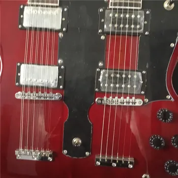 Aukštos kokybės dviejų-galvos elektrinė gitara, vyno raudona, 12 stygos + 6 stygos, sidabrą, aparatūros, aukščiausios kokybės