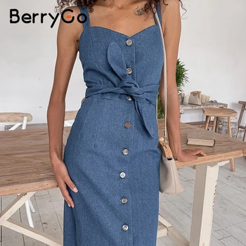 BerryGo Sexy diržas ilgai džinsinio audinio suknelė moterims Derliaus mygtuką priekinis lankas diržo vasaros suknelės 2020 m. Pavasarį ponios office moteriška suknelė