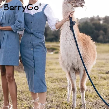 BerryGo Sexy diržas ilgai džinsinio audinio suknelė moterims Derliaus mygtuką priekinis lankas diržo vasaros suknelės 2020 m. Pavasarį ponios office moteriška suknelė
