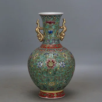 Čing Qianlong milteliai emalio vaza, dažytos gėlių su aukso dvi ausis imitacija namų kolekcijos rankų darbo senovinių porceliano