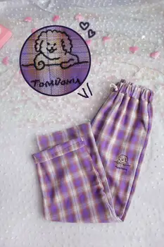 Harajuku Šuo Siuvinėjimo Kelnės Moterims Japonijos Aukšto Juosmens Mielas Atsitiktinis Violetinė pledas Kelnes korėjos Kawaii Merginos Pločio Kojų Kelnės