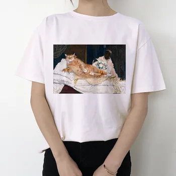 Katė juokinga moterų marškinėliai 2019 m. Mikelandželas korėjos kawaii ulzzang marškinėlius moterų Grafinis Trumpas Rankovės print t-shirt O-kaklo mados